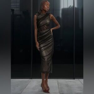 ZARA Black Mesh Ruched Midi Dress Sheer Panel Evening Night Out XS